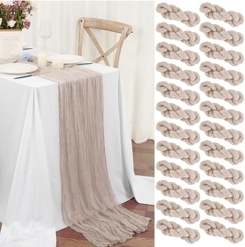 Teruntrue 24 Stück Tischläufer Taupe 45x275 cm Boho Gaze Käsetuch Tischläufer für Hochzeit, Party, Babyfeier, Brautshower, Geburtstag-Dekorationen(Braun/Grau gemischt mit Hellen Pink und Lila)