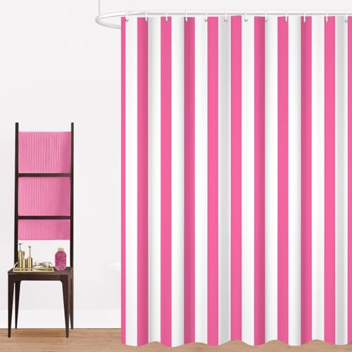 GCIREC Tenda Doccia, 180x240cm, Rosa e Bianco Minimalismo Moderno Strisce Verticali Impermeabile Tessuto Macchina Lavabile Tenda da Bagno con Ganci