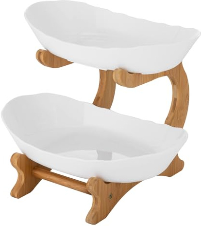 Coniaio 2-stöckige Obst Etagere aus Kunststoff mit Bambus-Ständer - Bruchsichere & Platzsparende Obstschale für Obst, Gemüse und Snacks, Moderne Servierplatte für Küche und Wohnzimmer