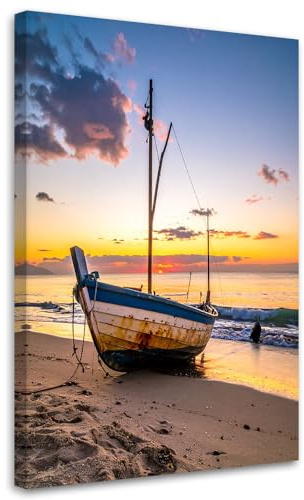 Feeby Leinwand Bilder - Bild Wohnzimmer - Boot Strand Meer Sonnenuntergang - 60x90 1tlg - Deko Schlafzimmer Groß - Dekoration Canvas - Gemälde - Modern Wandbilder - Kunstdruck
