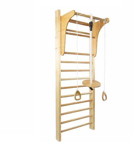 QLS Multifunktionale Holz Gymnastikleiter 4in1 schwarz Wandmontage 195x80 cm robust Gymnastik Fitness Training Indoor (Braun)