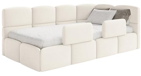 Selsey Jugendbett 120x200cm Creme mit Matratze und Lattenrost, gepolstertes Polsterbett mit Stauraum und Bettkasten, Kinderbett mit 2 Schutzbarrieren, Jugendbett rechtsseitig mit Eckkopfteil