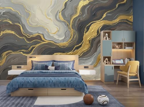 Mural De Pared Oro Negro Pintura Óleo Abstracta Sobre Mármol, Papel Pintado Fotográfico Tejido No Tejido Ondas Lujo Lámina Oro, 350X256Cm, Fotomurales Moderna Decorativo Para Sala De Estar, Dormitorio
