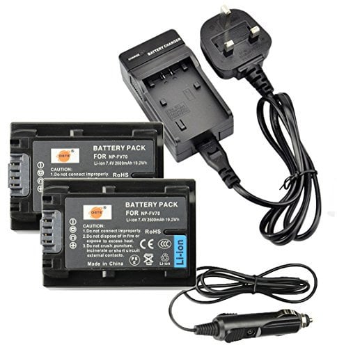 DSTE® 2x NP-FV70 Rechargeable Li-ion Battery + Charger DC04U for Sony DCR-SR15 SR21 SR68 SR88 SX15 SX21 SX44 SX45 SX63 SX65 SX83 SX85 FDR-AX100 HDR-CX105 CX110 CX115 CX130 CX150 CX155 CX160 CX190 CX200 CX210 CX220 CX230 CX260V CX290 CX300 CX305 CX330 CX350V CX360V CX380 CX430V CX520V CX550V CX560V CX580V CX700V CX760V CX900 HC9 PJ10 PJ30V PJ50 PJ200 PJ230 PJ260V Camera