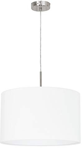 EGLO Pendellampe Pasteri, 1 flammige Textil Pendelleuchte, Hängeleuchte aus Stahl und Stoff, Farbe: Nickel matt, weiß, Fassung: E27, Ø: 38 cm