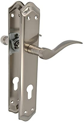 Amig - Juego de Manillas de Placa - Adecuado para Puertas de Paso de Interior y Exterior con Manivela Cómoda, Elegante y Atemporal - Con Bocallave - Latón - Color Plateado - 256 x 48 mm