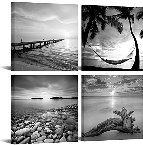 Mer Charm – Noir et Blanc de Plage Art Mural, Peinture de Paysage Marin Sunrise Scenery Tableau Giclée Impression sur Toile avec Cadre pour Le Salon Bureau Décoration Murale
