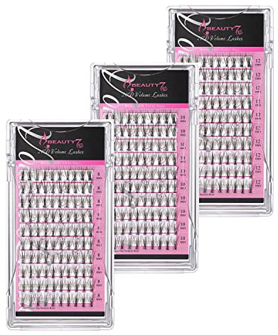 Beauty7 3 Packungen Wimpernbüschel Volume Lashes 20D Einzelwimpern C-Curl natürlich, Knot Free Wimpernverlängerung 0.05mm Stärke 100 Büschel - Länge 8mm,10mm,12mm jeweils eine Packung