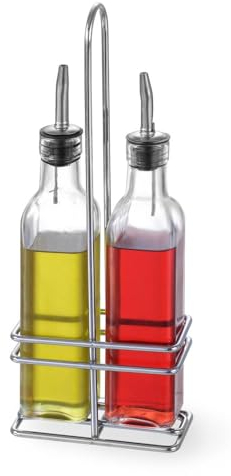 HENDI Menage Essig und Öl, Gestell aus verchromten Stahl, 2 Öl-/Essig Flaschen aus Glas mit Edelstahlausgießer, Gewürzständer, 0,47L, 115x60x(H)325mm, Edelstahl