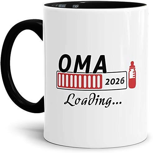 Geschenk-Tasse Du wirst Oma 2026 - Loading/Lade-balken/Schwangerschaft/Baby/Enkel/Nichte/Neffe/Enkelin/Innen & Henkel Schwarz