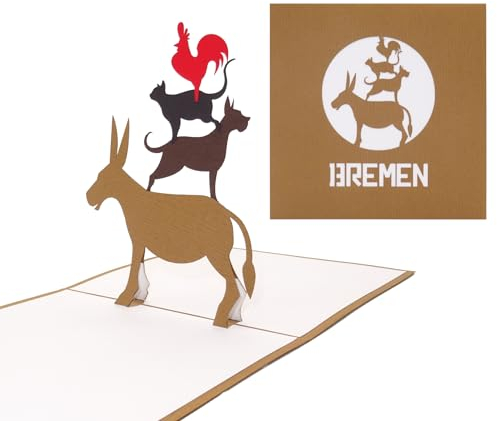 Pop Up Karte „Bremen - Bremer Stadtmusikanten“ - 3D Grußkarte als Souvenir, Geschenk, Geburtstagskarte, Einladungskarte & Gutschein zum Städtetrip nach Bremen