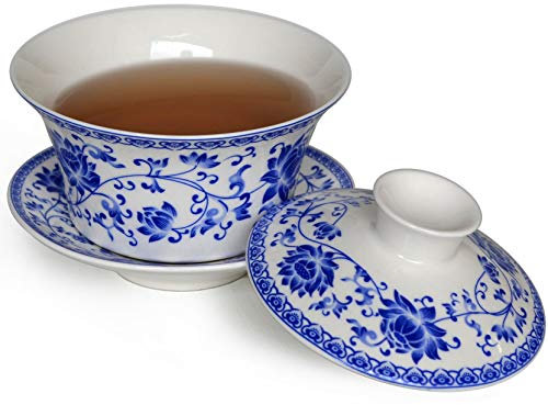 Liang baobao Gaiwan Service à thé traditionnel avec couvercle et soucoupe en porcelaine Motif lotus Bleu 200 ml