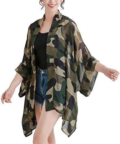 Women's Loose Print Sheer Chiffon Kimono Beach Swim Cover up Cardigan Capes Blouse Tops Camouflage