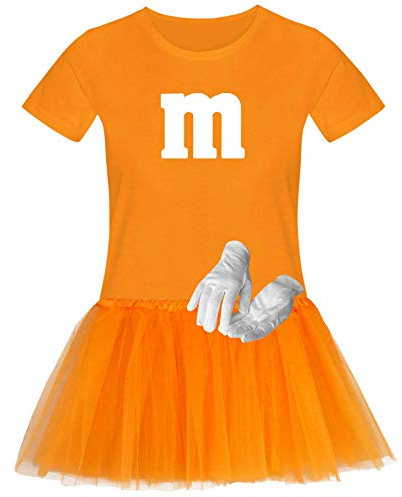 T-Shirt M&M + Tüllrock Karneval Gruppenkostüm Schokolinse 11 Farben Damen XS-3XL Fasching Verkleidung M's Fans Tanzgruppe, Gr.:XL, Farbauswahl:orange - Logo Weiss (+Handschuhe weis/Tütü orange)