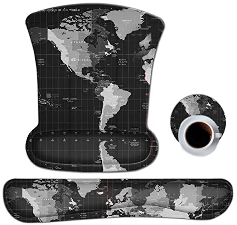 Keyboard Wrist Rest Pad Ergonomic Mouse Pad Set, ToLuLu Mouse Pad for Computer Laptop, Non Slip Mousepad Keyboard Wrist Support with Raised Memory Foam for Easy Typing Pain Relief, Cool World Map