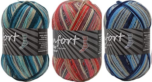 Comfort Wolle 6-fädige Sockenwolle, Strumpfwolle, Farbe Jeansfarben, 3 x 150 g Knaul, 375 m Länge, dicke Wolle für besonders warme Socken, dezentes Muster direkt aus der Knaul, Farbset Set 1