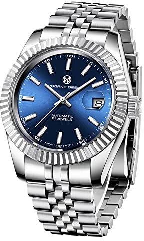 PAGRNE DESIGN Herrenuhren Automatische Armbanduhr Kratzfestes Synthetisches Saphirglas mit Datumsanzeige Edelstahl NH35A mechanische Herrenuhr(1645 Silber Blau)