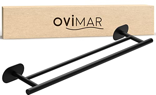 ovimar doppelte Badetuchstange Mosken | Edelstahl | schwarz | ohne Bohren | mit Zwei Streben als Handtuchhalter von bis zu Zwei Badehandtüchern | selbstklebend an der Wand im Badezimmer