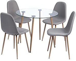 Noorsk Design Conjunto Mesa Redonda de 90 + 4 Sillas (Tejido Gris Claro)
