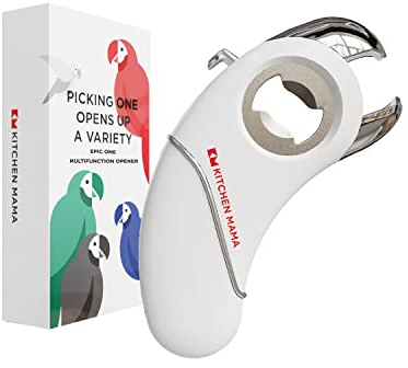 Kitchen Mama Epic One Ouvre-Bouteilles Multifonctions - Ouvre les Bouteilles avec Bouchons à Vis & Capsule, Canettes, Languettes & Bocaux - Ergonomique, Adapté aux Mains Arthritiques (blanc)