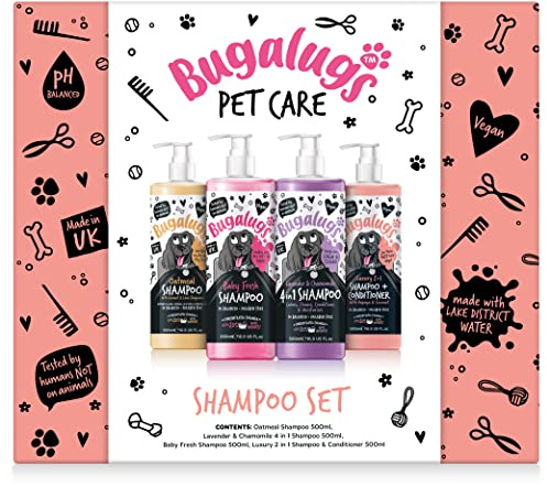 Bugalugs Spa Gift Set For Dogs With 4x Dog Shampoo, Birthday Present, Puppy Birthday, Gifts For Women, Gifts For Men, Gifts For Her, Gifts For Him Dog Grooming Kit (4x 500ml)