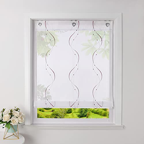 Heichkell Raffrollo mit U-Haken Transparent Raffgardinen Voile Ösenrollo mit Stickerei Vorhang ohne Bohren Violett BxH 80x140cm