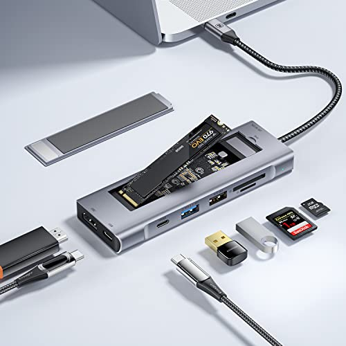 ESSAGER DockingStation für M.2 NVMe & SATA SSD, M.2 USB Adapter, mit USB 3.2 (Gen2, 10 Gbit/s), HDMI 4K@30Hz,SD3.0&TF, USB-C, USB-A, PCIe M-Key, Support Thunderbolt3, Aluminium, Grau