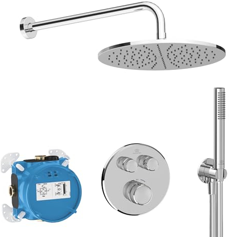 Ideal Standard A7772AA Ceratherm Navigo Armaturen-Paket, inkl. Brausethermostat, EASY-Box Unterputzkörper, Brauseschlauch 175 cm, Stickhandbrause, Kopfbrause Ø 30 cm, Chrom