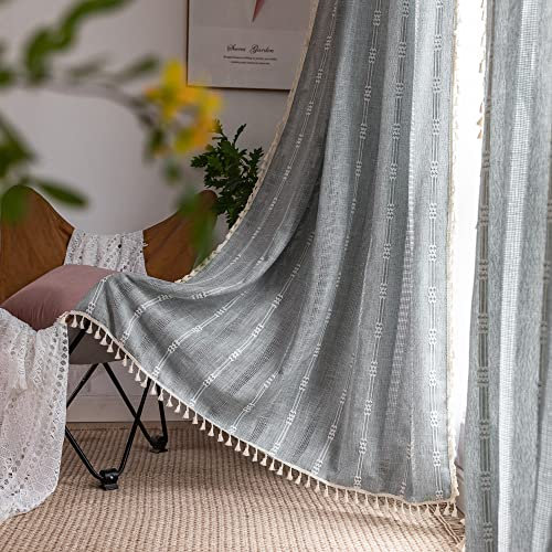 Nyescasa Boho Vorhänge Landhausstil Baumwolle Leinen Quaste Gardinen Grau Vintage Bestickte Vorhänge mit Ösen Lichtdurchlässig Vorhänge für Wohnzimmer Schlafzimmer Dekoschal 2 Stück 244x132cm(H×B)