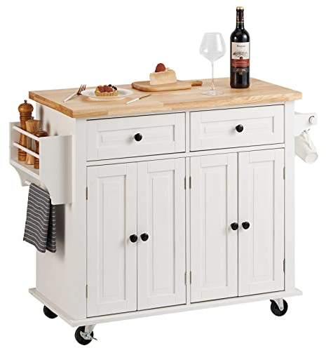VEVOR Kitchen Island Cart with Solid Wood Top, 35.4 Width Mobile Carts with Storage Cabinet, Rolling Kitchen Table with Spice Rack, Towel Rack, and Drawer, Portable Islands on Wheels, White