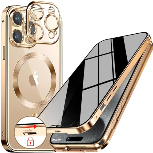 Upholyee [CD Metallring & Automatisches Pop-up Schloss Magnetische Privatsphäre Hülle für iPhone 15 Pro [Kompatibel mit MagSafe] [Integrierter Objektivschutz] Ganzkörper Bumper Cover mit Eingebautem