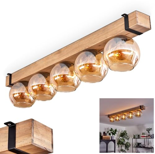 HOFSTEIN Deckenleuchte Montgomery, Deckenlampe aus Holz/Metall/Glas in Natur/Schwarz/Bernstein, Leuchte im skandinavischen Design mit Holzbalken, 5 x E27, Schlafzimmer, Wohnzimmer, Küche, Esszimmer