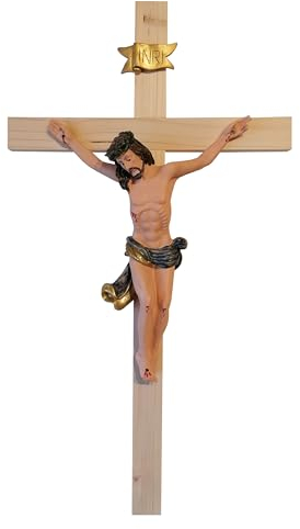 Kaltner Präsente Geschenkidee: 50 cm Wandkreuz Kruzifix aus Holz Echtholz Fichte natur - Handgemalte Jesus Christus Figur aus hochwertigen Kunstguss aus Resin – Dekoration