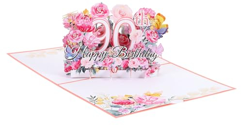 PATIKIL Geburtstagskarte zum 90. Geburtstag Pop-Out Grußkarten Happy Birthday 3D Blumenstrauß Schmetterlinge Grußkarte und Umschlag für Frauen Mütter Männer Freundin Geschenk-Karte Rosa