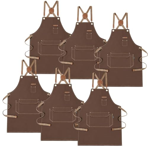 RockyToy Kochschürze mit gekreuzten Rückenträgern für Männer und Frauen, Baumwoll-Leinen-Schürze für Künstler, Malerei, Küche und Kochen, Braun, 6 Stück, XX-Large
