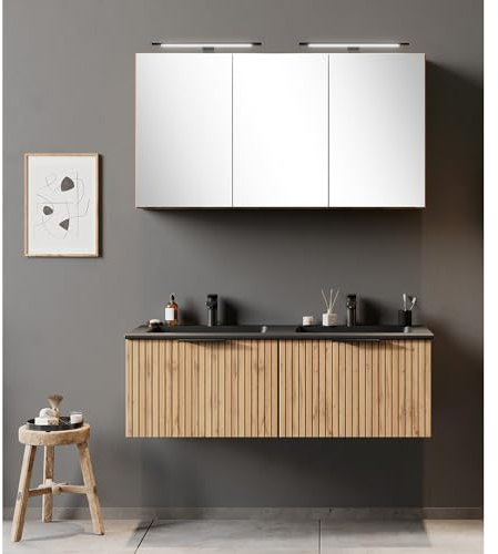 Lomadox Waschplatz Set 80cm, Waschbecken schwarz matt, Eiche, Spiegel mit LED-Beleuchtung