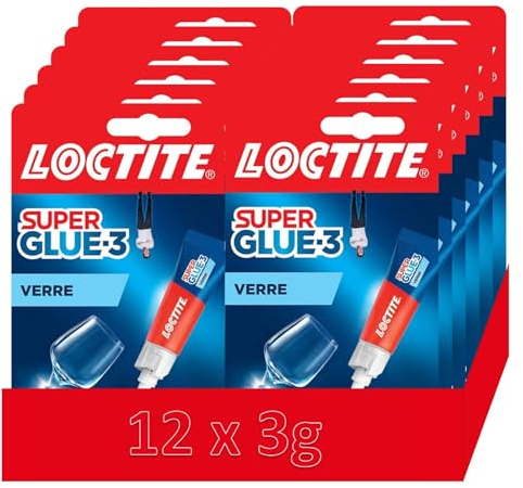 Super Glue-3 Verre, colle puissante pour des liaisons verre sur verre, colle liquide résistante à l'eau et aux détergents, transparente (12 x 3g)