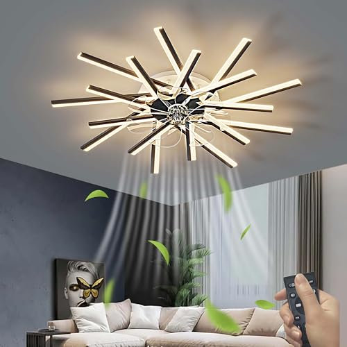 Inteligente Ventilador Techo Con Luz Motor De Reversible Moderno Regulable Ceiling Fan with Light Gran Plafón Ventilador Techo Para Dormitorio Fan Light Y Mando a Distancia Silencioso-Black||92cm