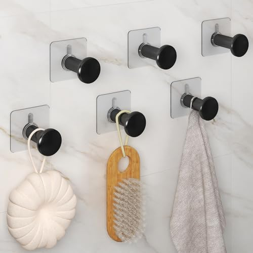 ACMETOP Kleiderhaken ohne Bohren 6 Stück Garderobenhaken Aluminium einfache Montage mit Schraube oder Klebeplatten Tragkraft bis 15 KG, Wandhaken für Küche, Bad, Arbeitszimmer und Wohnzimmer Schwarz