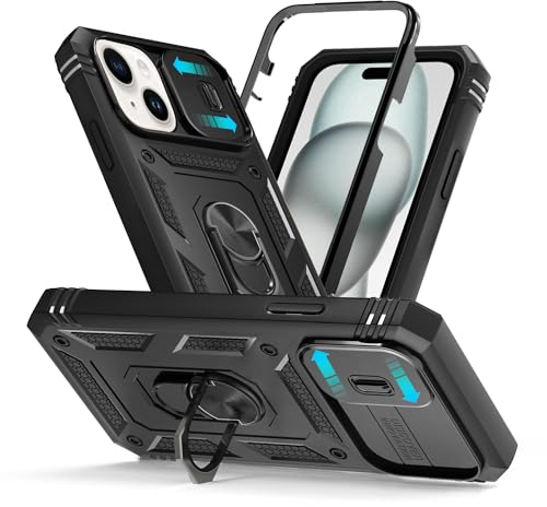 Tikgue für iPhone 15 Hülle mit Kameraschutz, Handyhülle iPhone 15 mit 360° Metall Ring Ständer Stoßfestes Anti-Drop Hybrid Bumper Case - Schwarz