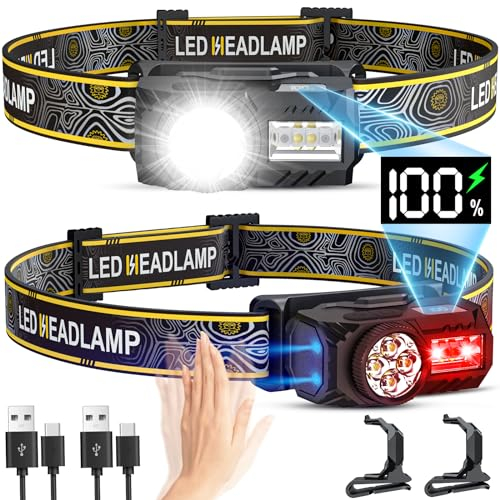【2 Pack】2000LM LED Torches & Head Torch Rechargeable, Super Bright Headtorch with Red Light, 17H Runtime 7 Modes IPX5 Waterproof Headlamp, Headlight with Motion Sensor for Camping Hiking Running