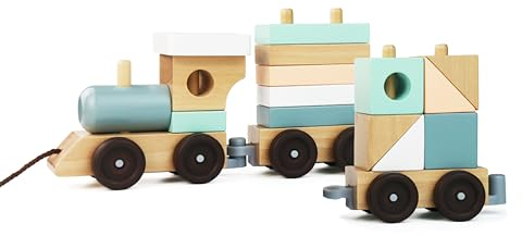 UMU® Train en bois 2 en 1 pour tout-petits – Kit de tri et empilement (18 pièces, entièrement démontable), 37 cm, jouet Montessori pour enfants à partir de 1 an