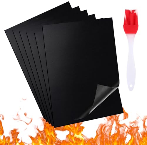 TNOMSNO 6 Pièces Tapis de Cuisson Barbecue, 40x33cm Tapis de Cuisson Barbecue Papier Barbecue Réutilisable, Tapis Barbecue avec un Pinceau à Huile pour les Barbecues au Charbon de Bois et au Gaz