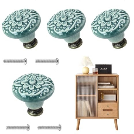 SHIYUAN 4Pcs Cabinet Drawer Knobs, 1.4 inch Ceramic Door Knobs, Vintage Cupboard Knobs, Green Round, for Wardrobes, Cabinets Door, High Hardness Easy Clean