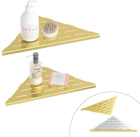Qeke Dusche Eckablage ohne Bohren, 304 Edelstahl Duschregal, Einbau Duschablage an Wand, 2 Stück Badablage, Golden Gebürstet, 25,4 cm