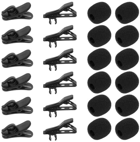 24PCS Lapel Microphone Clips Replacement Kit, 6PCS Lavalier Microphone Metal Tie Clips 12PCS Foam Windscreen Cover 6PCS Plastic Lavalier Wire Clips, Lapel Microphone Clips Cover Kit for Interview Vide