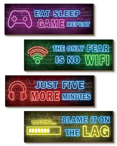 4 Pcs Décoration Gamer,Deco Chambre Gaming,Panneau en Bois Gaming Decoration Murale,Poster Gaming Decoration Chambre Ado Garcon 20x10cm (Néon B)