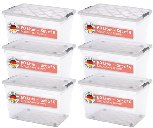 Blumtal Aufbewahrungsbox mit Deckel 60L aus Kunststoff - Aufbewahrungsboxen 57x39x35,5 cm - Boxen Aufbewahrung aus 100% Neumaterial & Verschlussclips - Kisten Aufbewahrung mit Deckel 6er Set