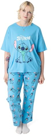 Disney Lilo & Stitch Damen Pyjama-Set | Kurzarmoberteil mit Stichgrafik für Erwachsene und Pyjamahose mit langem Bein in Blau | Damen-Nachtwäsche mit Charakter-Allover-Print