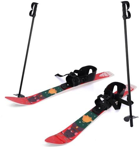 kamulouk Kinderski, Kinder Anfängerskier und -stöcke, Skibretter mit geringem Widerstand, leichtes, stabiles und sicheres Kinder-Ski-Equipment, mit weihnachtlichen Motiven, verstellbare Schnalle Rot